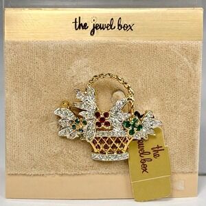 VTG The Jewel Box Rhinestone Flower Basket Brooch Pin Red Green Gold Tone NWT